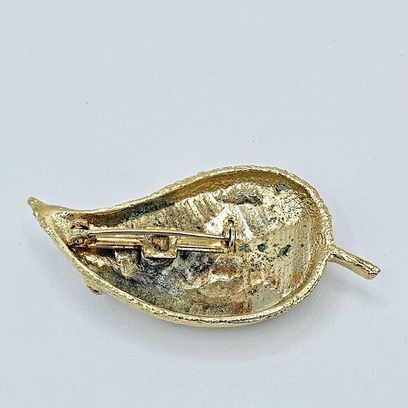 Autumn Leaf Brooch Green Jeweled Fall Foliage Gold Tone Estate Jewelry Pin - Picture 7 of 9